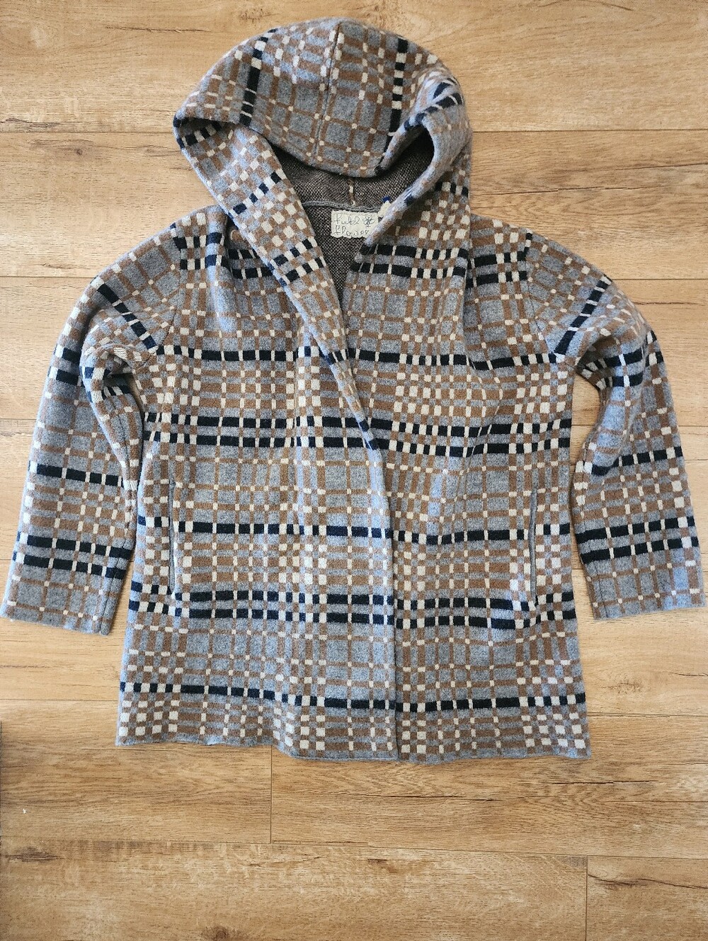 Anthropologie Field Flower Josefa Wool Sweater Coat Size M/L PETITE Taupe Plaid - Picture 2 of 9